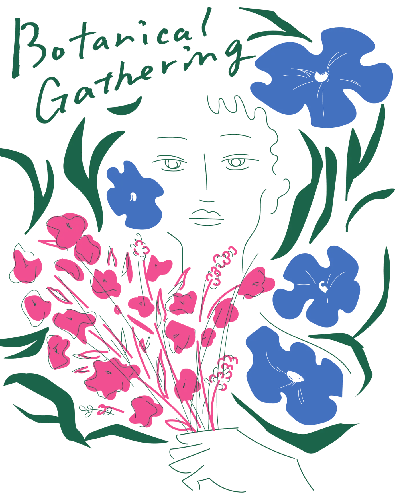 手書きロゴ「Botanical Gathering」と、ピンクと青の花に囲まれて花束を抱く人物のイラスト